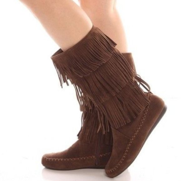 Shoes - Candice-48 3-Layer Fringe Moccasin Flat Boots NWOT